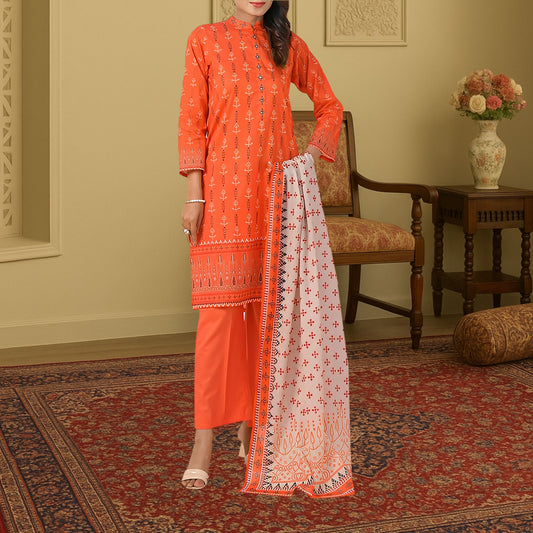 Bold Tangerine Orange & White Contrast Digital Print 3-Piece Lawn Suit