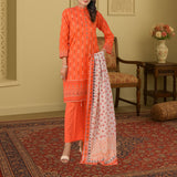 Bold Tangerine Orange & White Contrast Digital Print 3-Piece Lawn Suit