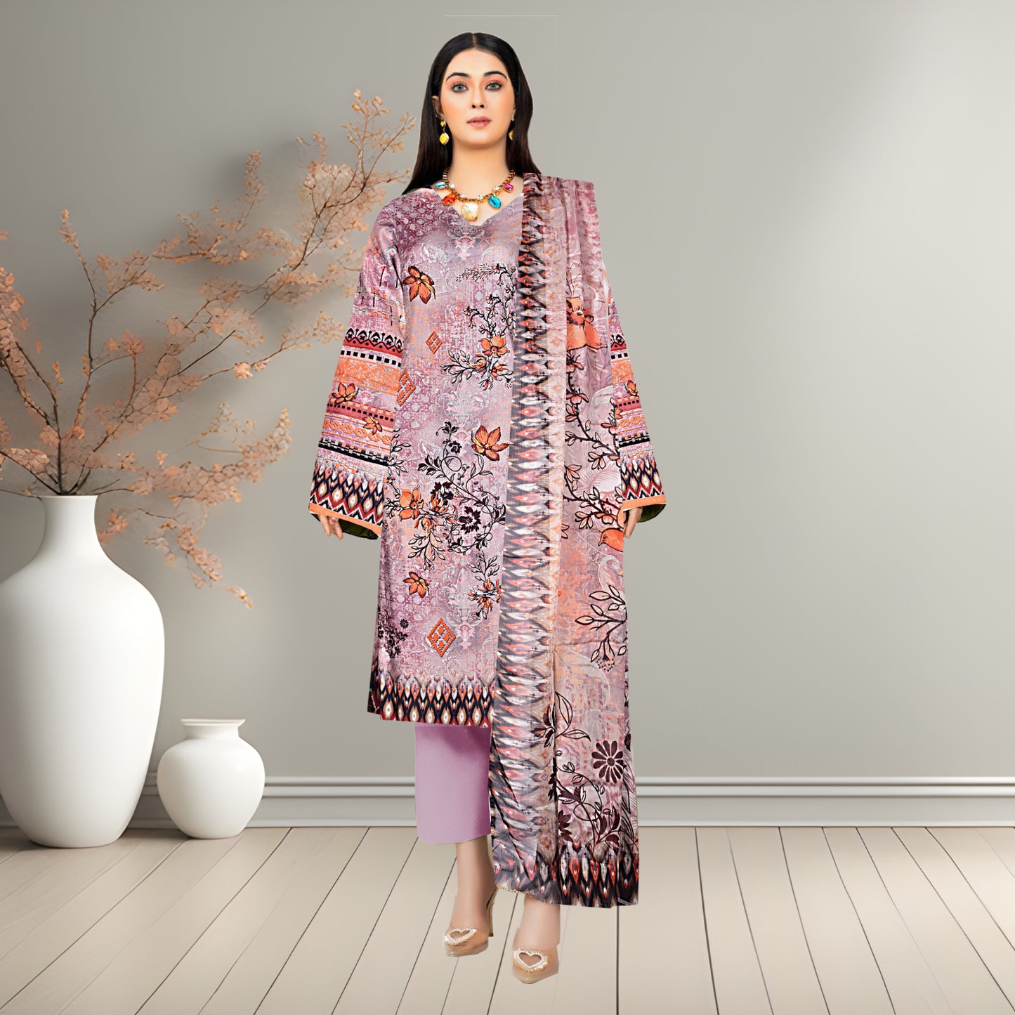 Multi Colour & Purple Digital Printed 3-Piece Lawn Suit |Bamber Chiffon Dupatta