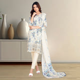 Soft Beige & Bright Blue Digital Printed Lawn Suit | Embroidered Lace Hem & Chiffon Dupatta