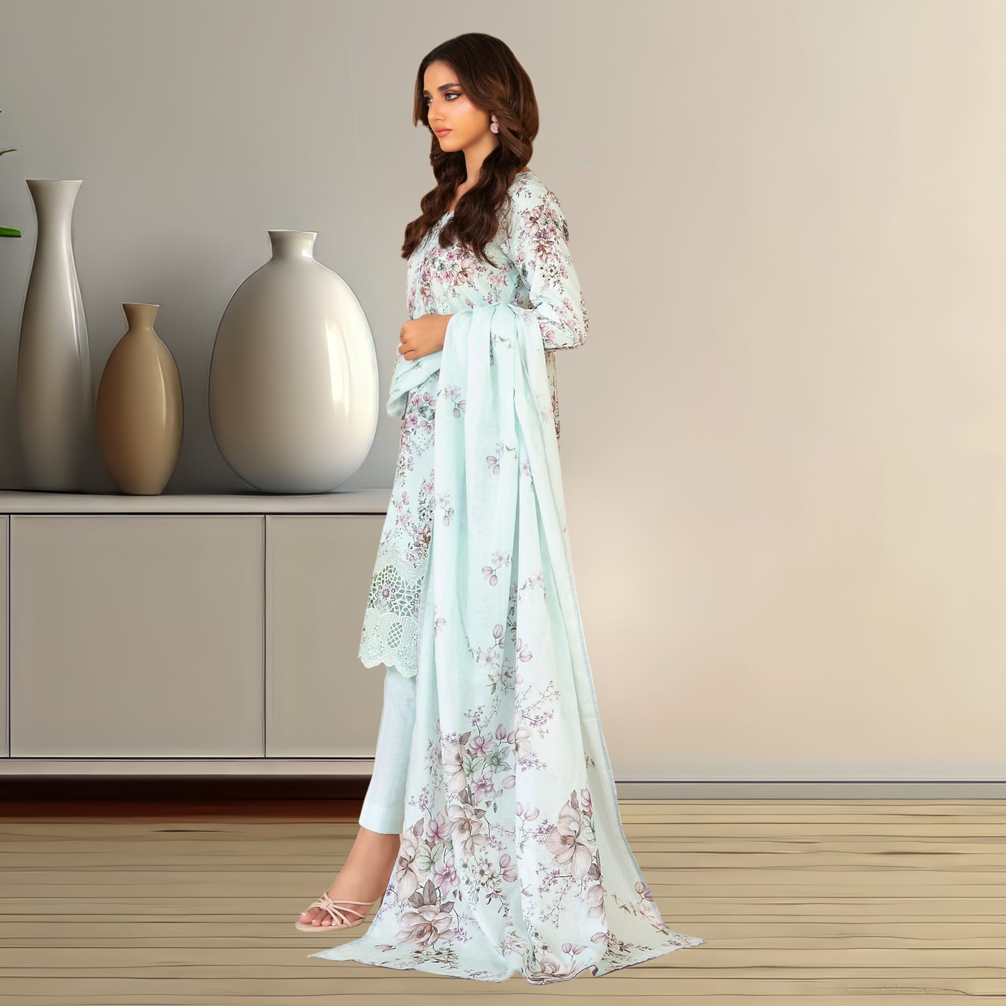 Pistachio Floral Lawn Suit | Embroidered Lace Hem & Chiffon Dupatta