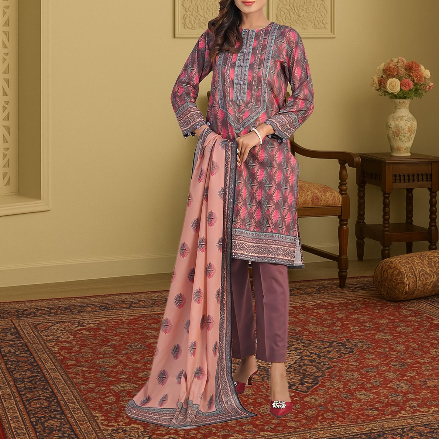 Sophisticated Mauve & Charcoal Geometric Digital Print 3-Piece Lawn Suit