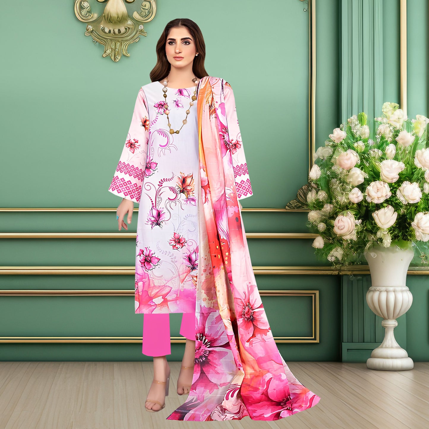 Elegant Pink Floral 3-Piece Digital Printed Lawn & Chiffon Suit
