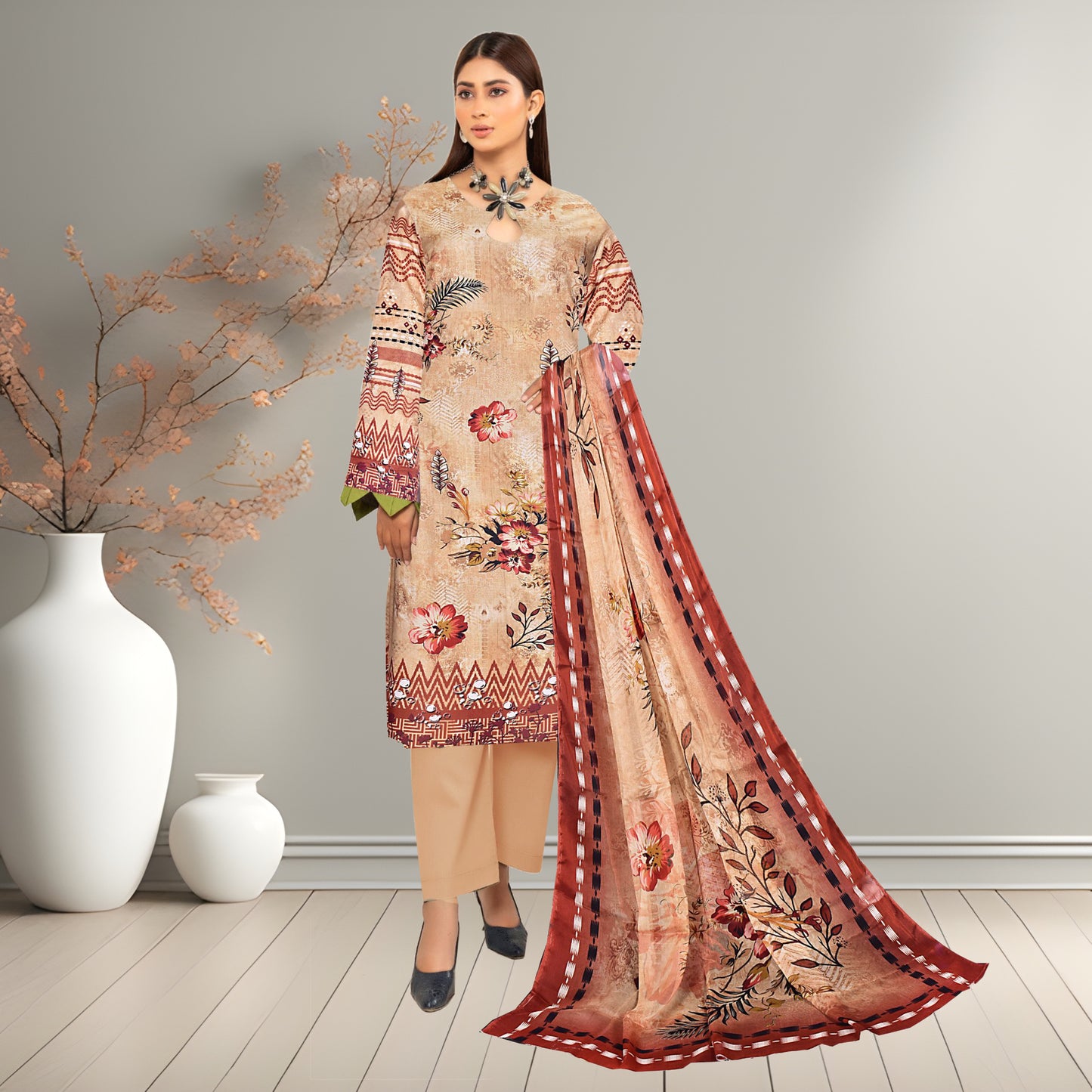 Earthy Beige & Terracotta Digital Printed 3-Piece Lawn Suit | Bamber Chiffon Dupatta