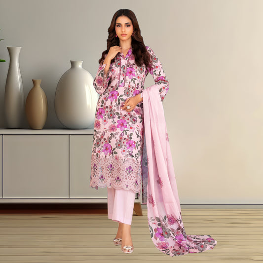Vivid Pink 3-Piece Lawn Suit | Digital Printed, Chiffon Dupatta & Embroidered Hem