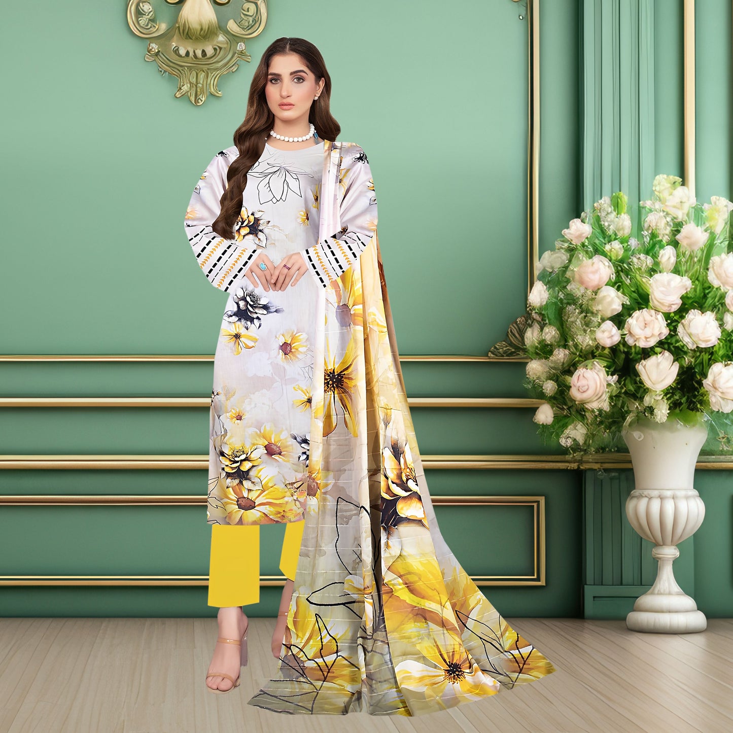 Elegant Yellow Floral 3-Piece Digital Printed Lawn & Chiffon Suit