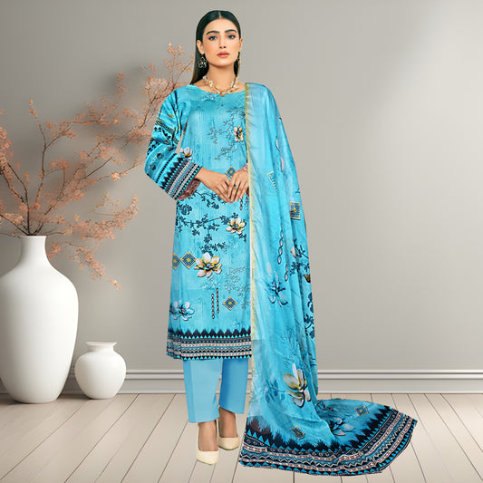Refreshing Turquoise Blue Digital Printed 3-Piece Lawn Suit | Bamber Chiffon Dupatta