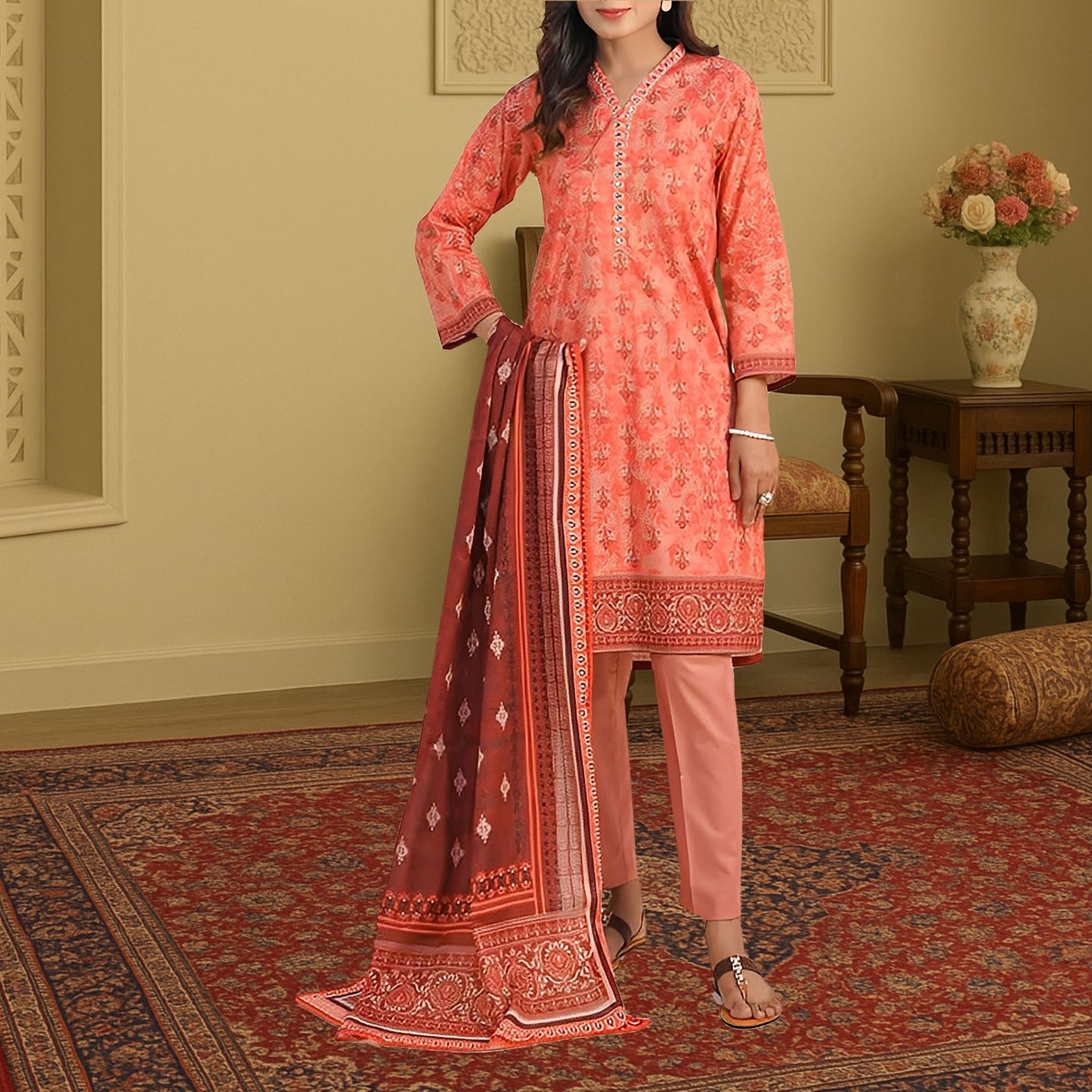 Elegant Peach & Maroon Digital Print 3-Piece Lawn Suit